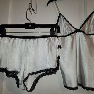 Satin Black and white velvet trim peekaboo back cami and short set